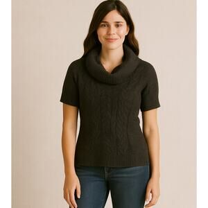 BCBGMAXAZRIA Short Sleeve Cable Knit Cowl Neck Sweater Gray Small Cozy Career